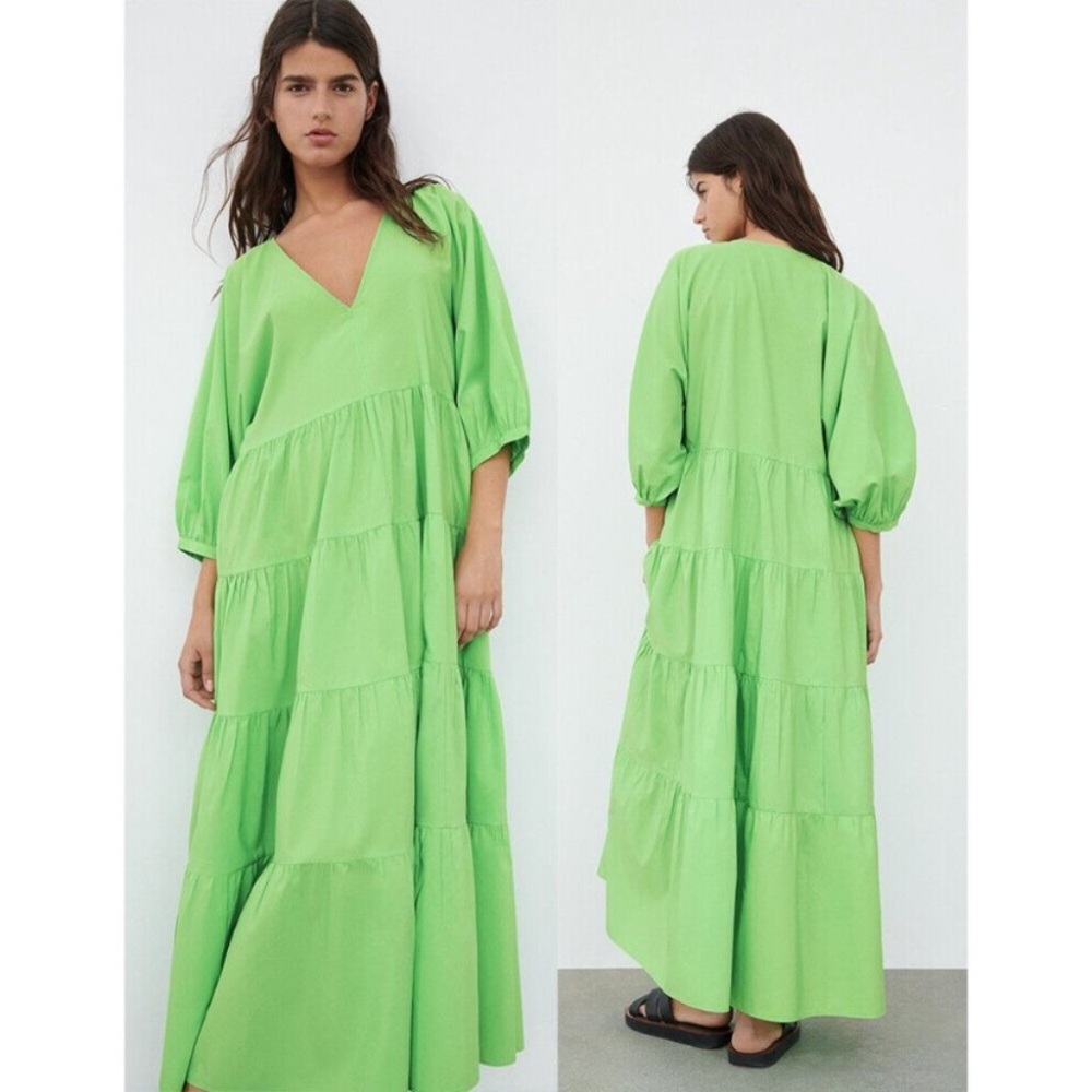Zara Green Tiered Maxi Sundress with Bishop Sleeves